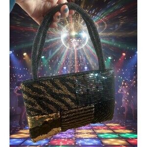Vintage Black Sequin Beaded Evening Handbag Purse Patchwork Party Bag Chic